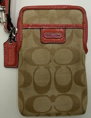 Coach Signature Wristlet Phone Wallet Pink Khaki Zip Pouch